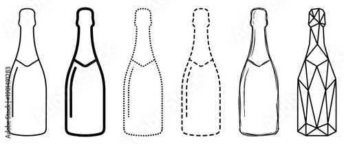 Set of six champagne bottle outlines in various artistic styles including simple line art, dotted, dashed, hand-drawn sketch, and modern geometric low-poly design
