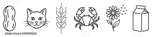 Set of black line art icons representing common food and environmental allergens, including a peanut, cat, wheat, crab, flower pollen, and milk carton in a simple doodle style