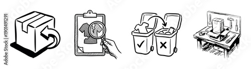 Set of four hand-drawn process icons showing product return, quality control inspection, sorting for disposal or recycling, and packaging on a workbench in a sketchy ink style
