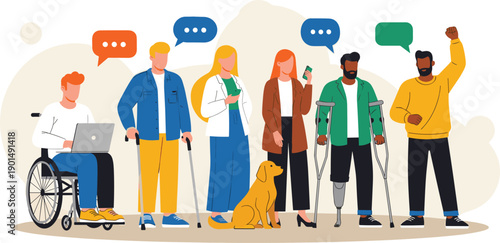 Diverse group of people with disabilities communicating disability wheelchair crutches prosthetic leg