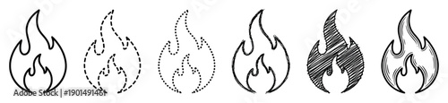 Set of six black hand-drawn fire flame icons showcasing various artistic styles from simple outline and dotted lines to rough scribble and chalk textures