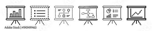 Set of black presentation board icons showing various charts, graphs, and flowcharts in different line art styles like solid, dashed, dotted, sketch, and pixelated for business concepts