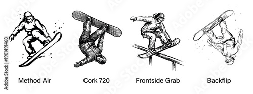 Set of four hand-drawn snowboarder illustrations showing different freestyle tricks like a method air, cork, grab, and backflip in a dynamic black and white sketch style