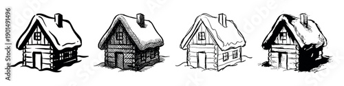 Four hand-drawn rustic log cabins with snow-covered roofs and chimneys, a charming black and white ink sketch illustration set in a simple, graphic, and vintage storybook style