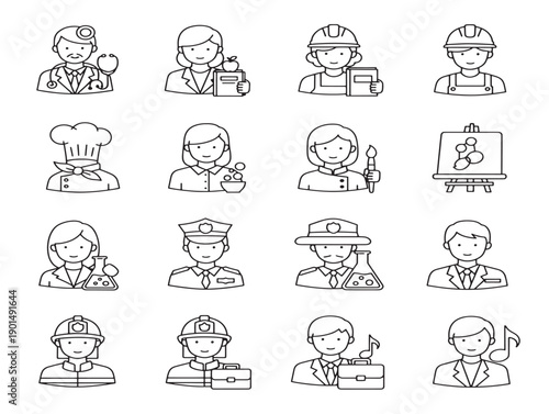 Stunning profession outline illustrations with confident career characters