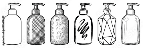 Collection of six cosmetic pump bottles illustrated in different black and white techniques like doodle, low poly, ink wash, dotwork, engraving, and a clean outline