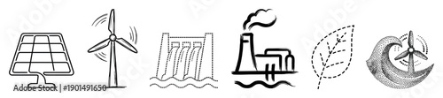 Set of various energy source icons including solar, wind, hydro, and fossil fuel plants drawn in different minimalist black and white artistic illustration styles