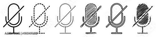Six different black muted microphone icons presented in a collection of line art styles including solid, dotted, dashed, and sketched for web or application user interface
