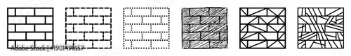 Set of six black rectangular grid patterns showing variations in line style and texture, including solid, dashed, dotted, scribbled, and abstract geometric fills