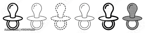 Black and white baby pacifier icon set featuring six different graphic styles like thin line, bold outline, dotted, dashed, and textured for newborn and childcare design elements