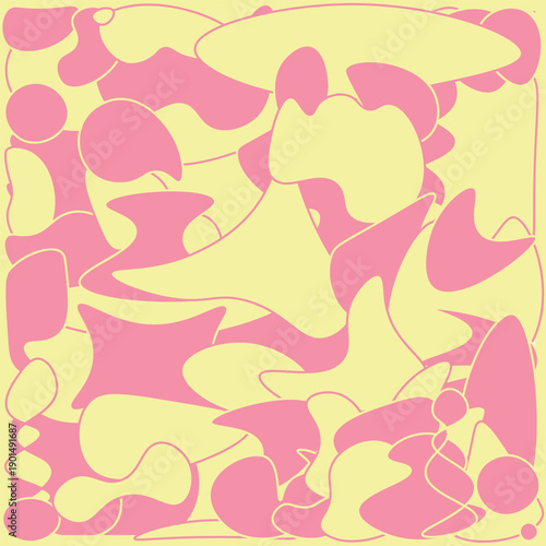 Abstract artwork with irregular pink and yellow shapes on a pale yellow background. Fluid contours and overlapping forms create an expressive composition with a playful and artistic mood.