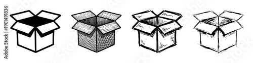 Four hand-drawn open cardboard box illustrations in a set showing a progression of artistic styles from a clean graphic icon to a detailed hatch and a rough doodle sketch