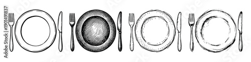 Hand-drawn sketch collection of dinner plates with forks and knives in various artistic styles, including line art, cross-hatching, stippling, and rough ink for menu design