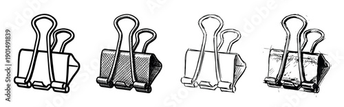 Four black and white binder clip illustrations in a hand-drawn sketch style, showing a collection of office supply icons with different line art and hatching techniques for design