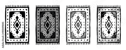 Four hand-drawn black and white rugs with ethnic geometric patterns in a sketchy linocut style, a collection of monochrome tribal carpets with fringe and diamond ornaments