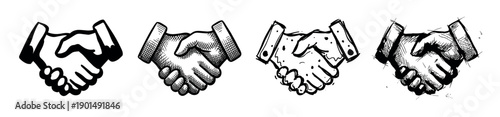 Set of four hand-drawn handshake icons in various sketch and doodle styles, from a simple silhouette to detailed crosshatching, representing agreement and partnership
