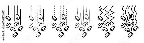 Set of six black outline icons showing coins or tokens falling with different motion trail styles like solid, dotted, wavy, and zigzag lines in a minimalist vector illustration