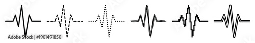 Set of black sound wave pulse icons in various graphic styles including solid, dashed, dotted, sketchy, pixelated, and outline for representing audio, music, or voice signals