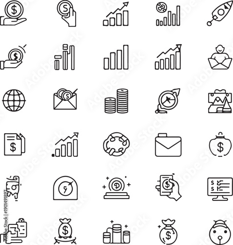Vector business and finance editable stroke line icon set with money, bank, check, law, auction, exchance, payment, wallet, deposit, piggy, calculator, web and more isolated outline thin
