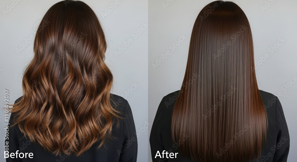 Fototapeta premium Side-by-side comparison showing female brunette hair before and after treatment, left side wavy and dry, right side smooth and straight, studio lighting, neutral background