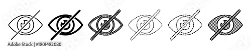 Six black crossed-out eye icon variations in different graphic styles including line art, sketch, and dotted outline, symbolizing blindness, censorship, and hidden content