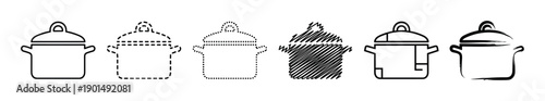 Set of six black cooking pot icons with lids and handles presented in various artistic styles including line art, dashed, dotted, scribble, and brush stroke for graphic design