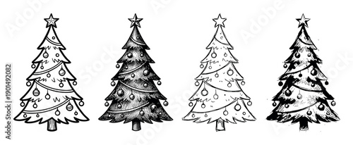 Four black and white hand-drawn Christmas trees decorated with stars and baubles, showcasing a variety of artistic styles from clean line art to detailed engraving and rough sketch