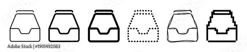 Set of black inbox tray icons presented in various graphic styles including thin line, bold, dotted outline, hand-drawn sketch, and 8-bit pixel art for user interfaces