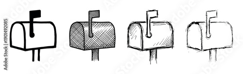 Four hand-drawn mailbox icons in various sketch styles, from a simple silhouette to cross-hatching and rough doodles, showing a collection of communication symbols