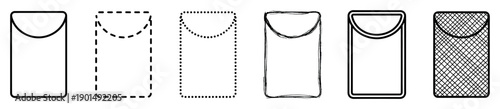 Set of six black pocket icons in various outline styles including solid, dashed, dotted, hand-drawn sketch, double line, and a crosshatch pattern for graphic design