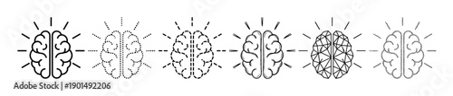 Set of six black brain icons with various outline styles including solid, dotted, dashed, and geometric, symbolizing ideas, intelligence, and creative thinking
