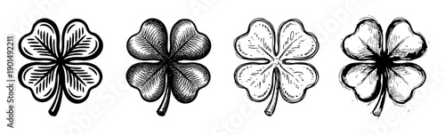 Four hand-drawn four-leaf clover illustrations set in a vintage engraving style, showcasing different black ink sketch and hatching techniques for a classic, lucky botanical symbol