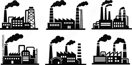 Black and white industrial factory silhouettes with smokestacks