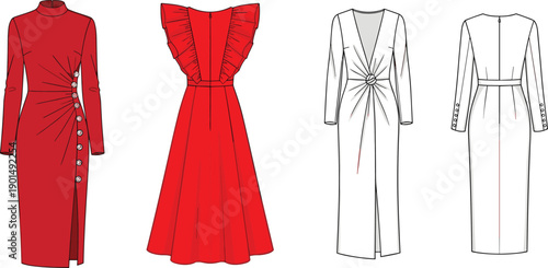 Red and white fashion dress with buttons and ruffles dresses fashion red dress white dress long sleeves