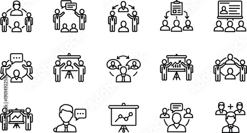 Black and white line of people communicating and presenting line people communication presentation teamwork