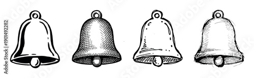 Collection of four hand-drawn bells in a black and white ink sketch style, showcasing different artistic techniques like cross-hatching and simple outlines for graphic elements