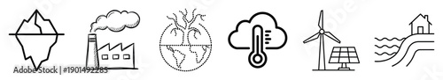 Six black and white environmental icons depicting global warming, pollution, renewable energy, melting ice, drought, and flooding in a simple hand-drawn line art style