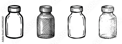 Collection of four hand-drawn bottles with screw caps, depicted in a black and white sketch style using various outline, doodle, and crosshatch shading techniques