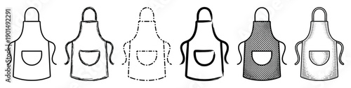 Six black and white kitchen apron icons with pockets presented in a row, featuring diverse artistic styles such as sketch, brush stroke, dashed line, and hatching