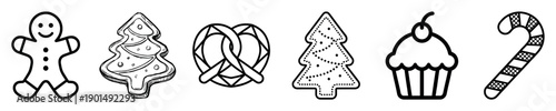 Collection of black and white holiday sweet icons including a gingerbread man, Christmas tree cookies, pretzel, cupcake, and candy cane in a simple line art graphic style