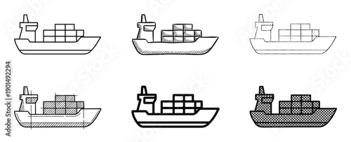 Collection of six black cargo ship icons showcases various artistic styles including line art, hand-drawn sketch, dotted outline, and bold graphic design for logistics concepts