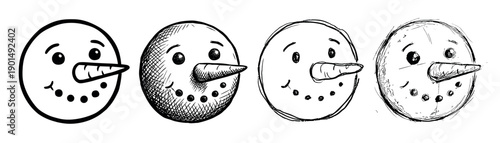 Four cute snowman head illustrations in different hand-drawn styles, from clean line art to a rough sketch, showing a happy character with a carrot nose for winter holiday designs