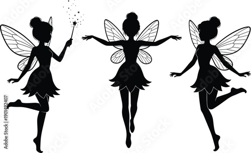 Three black silhouette fairies with wings and wands on white background silhouettes