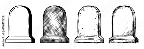Set of four hand-drawn gravestone illustrations showing different sketching techniques from clean line art to detailed crosshatching and rough, weathered textures