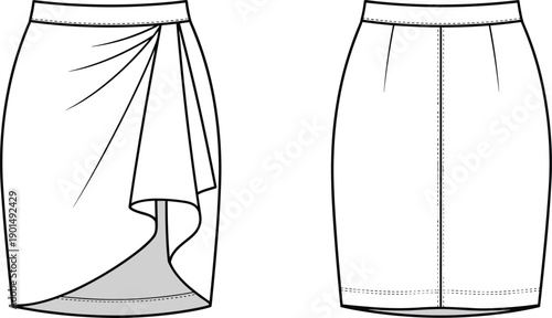 Black and white of two pencil skirts with different views fashion clothing garment construction sewing patterns
