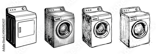 Washing machine and clothes dryer illustrated in four different black and white artistic styles, showing a progression from clean line art to a rough, sketchy drawing