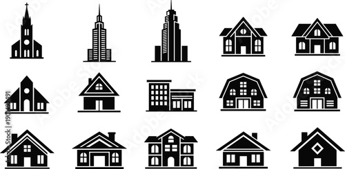 Black and white of various buildings and houses architecture church