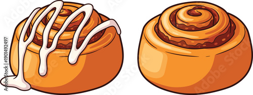 Two cinnamon rolls one with white icing sweet pastries baked goods dessert