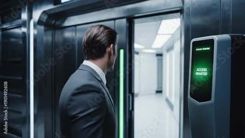 Male figure in formal suit approaches a biometric access panel, receiving confirmation as he prepares to enter a futuristic corridor with sleek metallic design