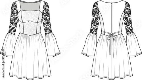 White dress with floral lace sleeves front and back view floral pattern long sleeves